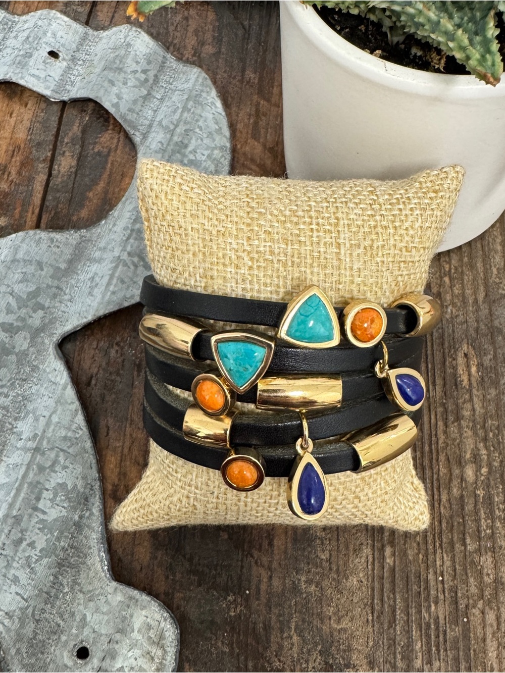 Barse Thai Black Leather Bracelet with Gold Turquoise Coral & Lapis Accents